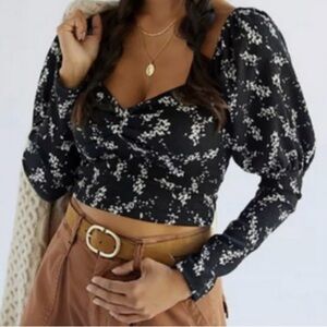 Anthropologie black floral Sweetheart Top Puff Sleeve smocked Blouse Black  XL